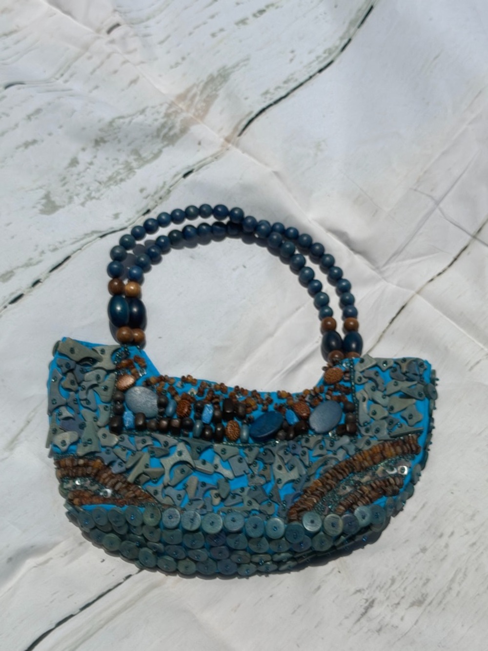Beaded Turquoise Blue Women's Shoulder Bag with Wooden Bead Handles
